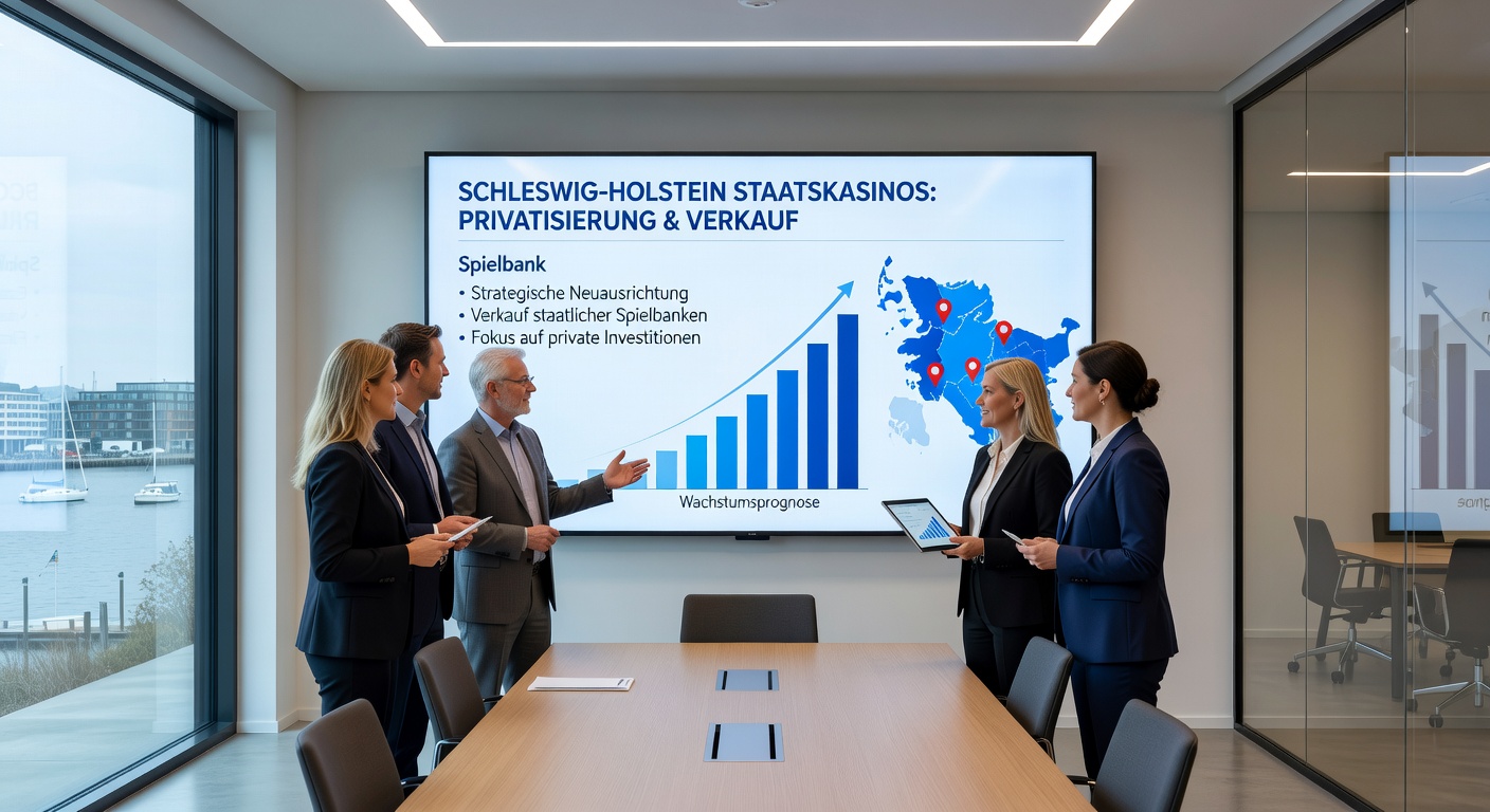 Innenansicht einer Spielbank in Schleswig-Holstein mit Spielern an Tischen und Slots, illustriert die laufenden Operationen vor dem geplanten Verkauf