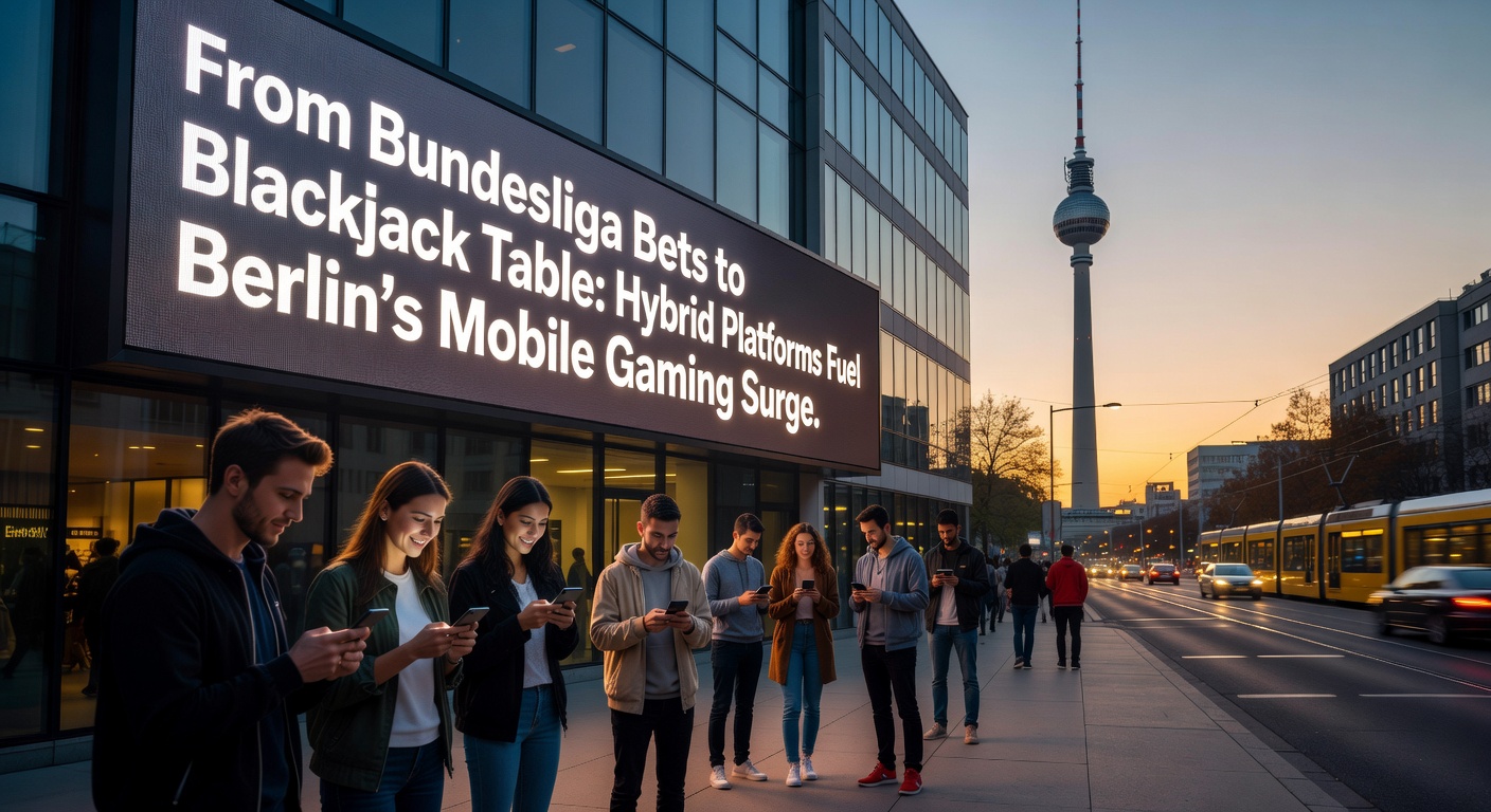 Smartphone mit Bundesliga-Wetten und Blackjack-App auf Berliner U-Bahn-Hintergrund, symbolisiert den mobilen Gaming-Trend in der Hauptstadt