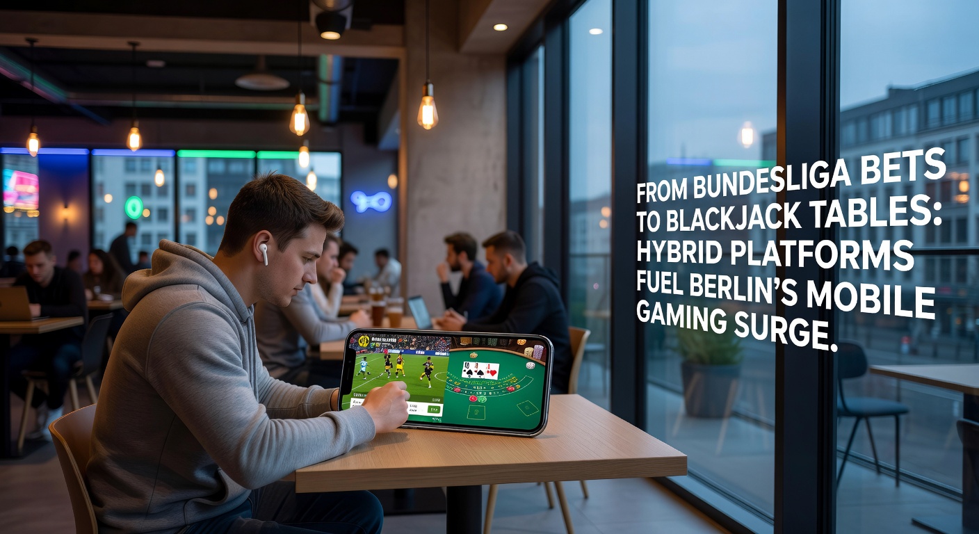 Berliner Street-Scene mit Spielern, die auf Smartphones wetten und kasinieren, inklusive Bundesliga-Logo und Blackjack-Karten, illustriert den urbanen Mobile-Gaming-Alltag